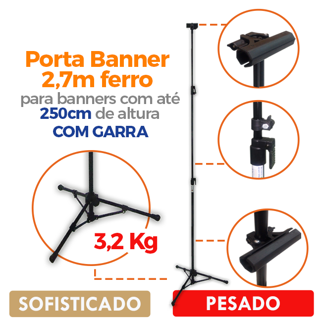 Tripé para Banner 2,70m Sofisticado Pesado com Garras – Máxima Estabilidade e Fixação Profissional