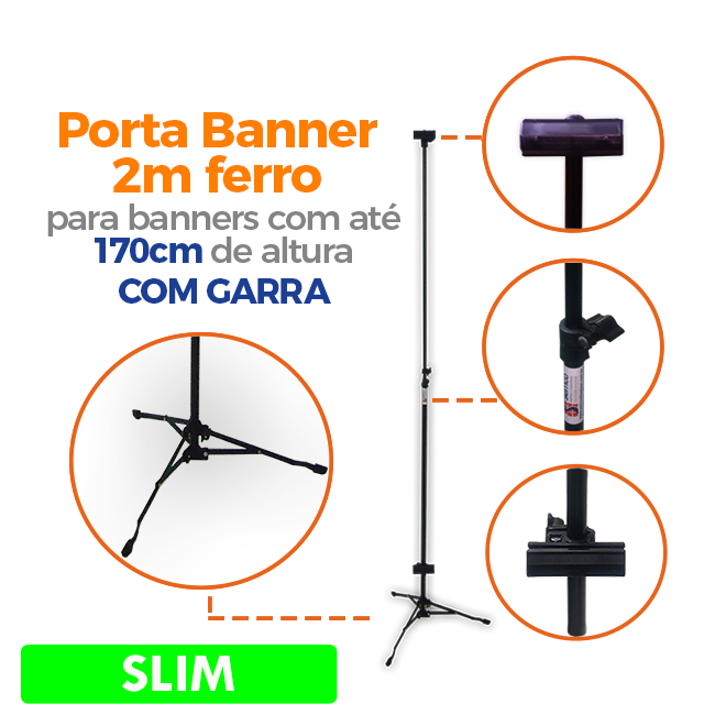 Tripé para Banner 2,0m Slim com Garras – Estrutura Leve, Ajustável e Fixação Segura