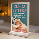 Display de mesa LED A4 recarregável aplicado em recepção de clínica estética